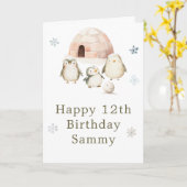 かわいい冬ペンギン誕生日パーティー カード (黄色い花)