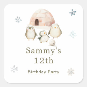 かわいい冬ペンギン誕生日パーティー スクエアシール