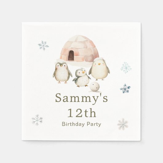 かわいい冬ペンギン誕生日パーティー スタンダードカクテルナプキン (正面)