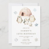 かわいい冬ペンギン誕生日パーティー 招待状 (正面)