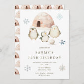 かわいい冬ペンギン誕生日パーティー 招待状 (正面/裏面)