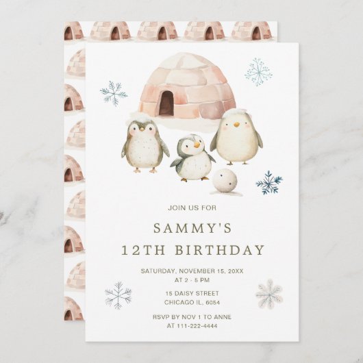 かわいい冬ペンギン誕生日パーティー 招待状 (正面/裏面)