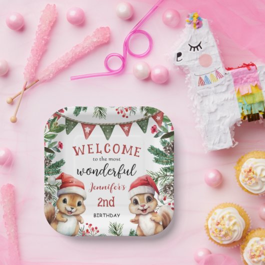 かわいい冬リスのクリスマス第2誕生日 ペーパープレート (パーティー)