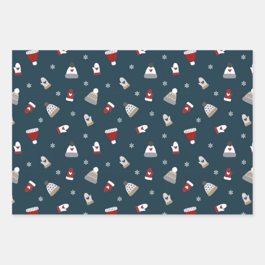 かわいい冬毛の帽子と手袋の柄 ラッピングペーパーシート (正面3)