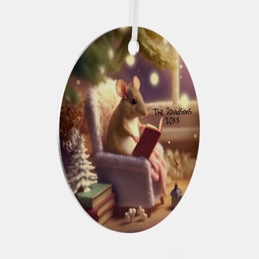 かわいい冬読のネズミの本カスタムの メタルオーナメント (正面右)