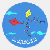 かわいい凧レッドイエローネーム子供の誕生日 ラウンドシール (正面)