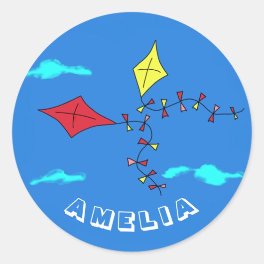 かわいい凧レッドイエローネーム子供の誕生日 ラウンドシール (正面)