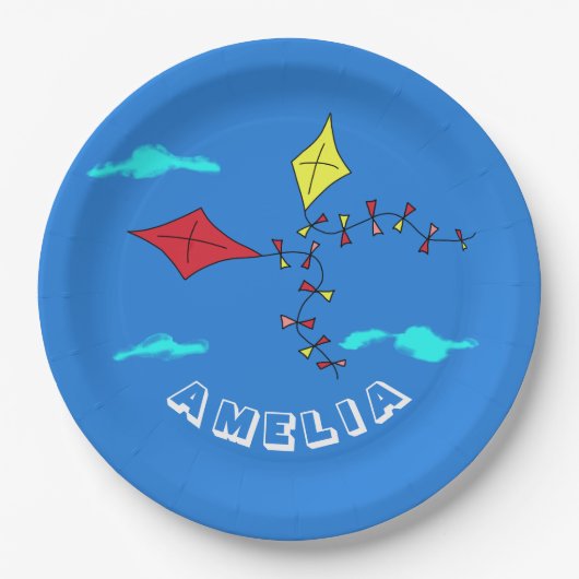 かわいい凧 赤 黄色 名前 子供の誕生日パーティー ペーパープレート (正面)