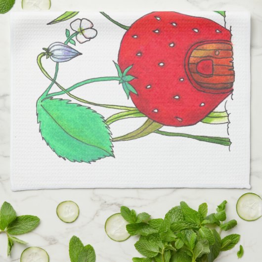 かわいい分野マウスおよび大きく赤いいちごの家 キッチンタオル (折り畳み)