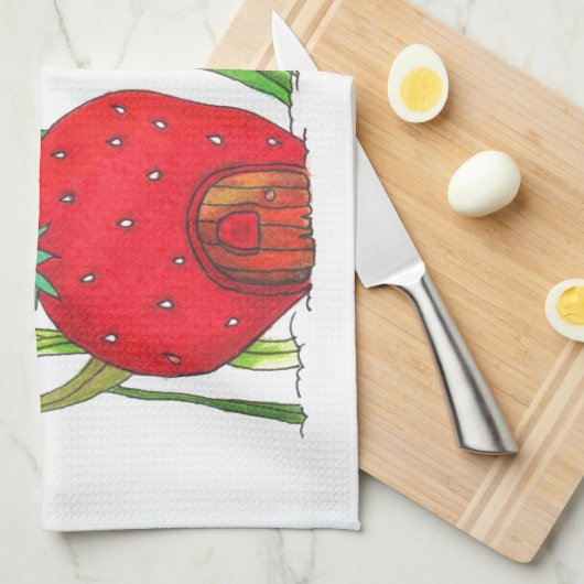 かわいい分野マウスおよび大きく赤いいちごの家 キッチンタオル (四つ折り)