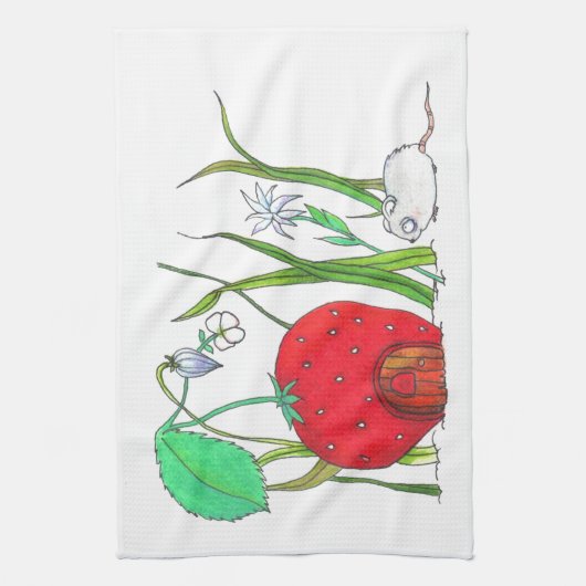 かわいい分野マウスおよび大きく赤いいちごの家 キッチンタオル (縦)