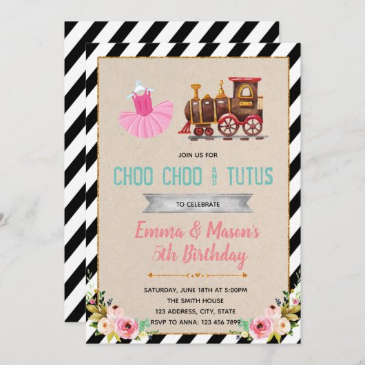 かわいい列車のチュチュのテーマのパーティの招待状 招待状 (正面/裏面)