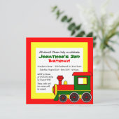かわいい列車のテーマの子供の誕生日-赤い緑の黄色 招待状 (スタンド正面)