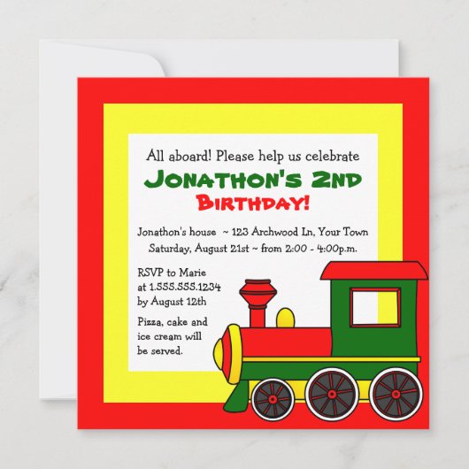 かわいい列車のテーマの子供の誕生日-赤い緑の黄色 招待状 (正面)