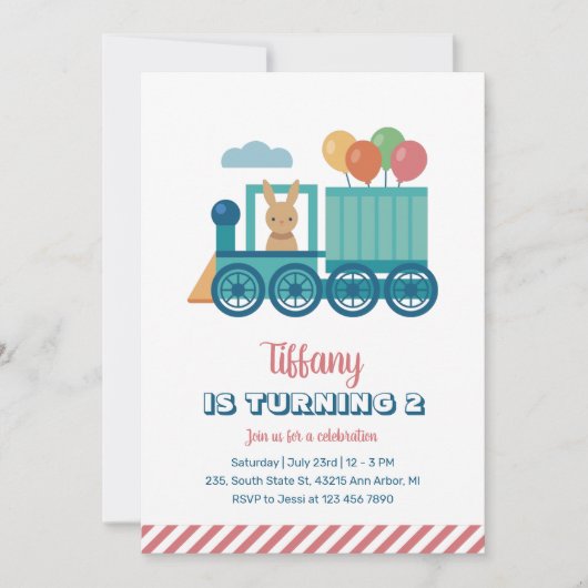 かわいい列車バニーとバルーン子供の誕生日 招待状 (正面)