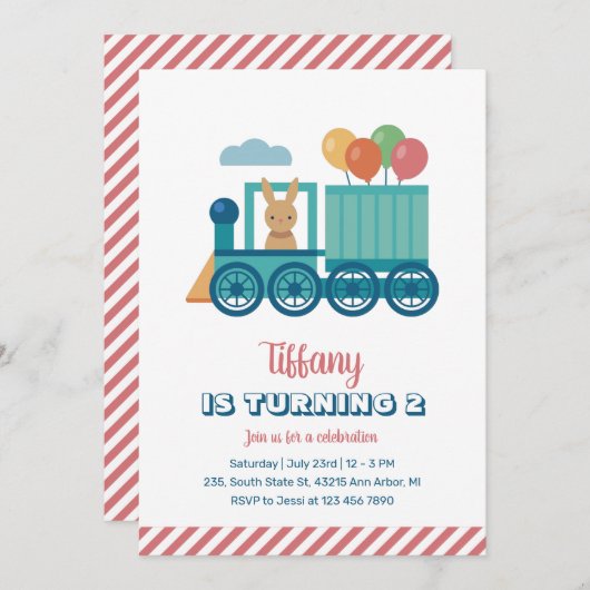 かわいい列車バニーとバルーン子供の誕生日 招待状 (正面/裏面)