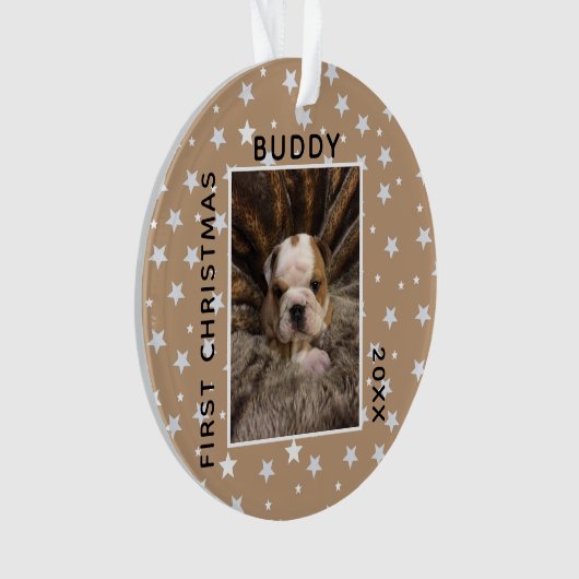 かわいい初めてのクリスマスの子犬の写真 オーナメント (正面)