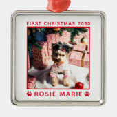 かわいい初めてのクリスマスの犬の写真 名前 年 カスタム メタルオーナメント (正面)