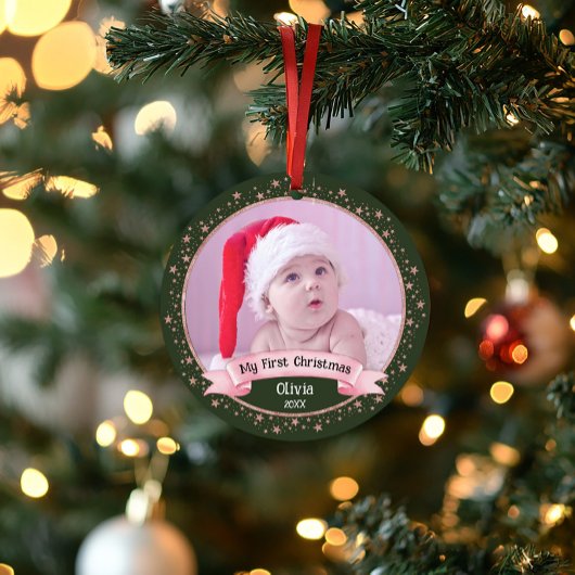 かわいい初めてのクリスマスの赤ちゃん女の子2枚の写真の記念品 オーナメント
