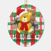 かわいい初めてのクリスマスはプレゼントの水色を持つ セラミックオーナメント (左)