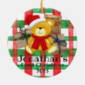 かわいい初めてのクリスマスはプレゼントの水色を持つ セラミックオーナメント (裏面)