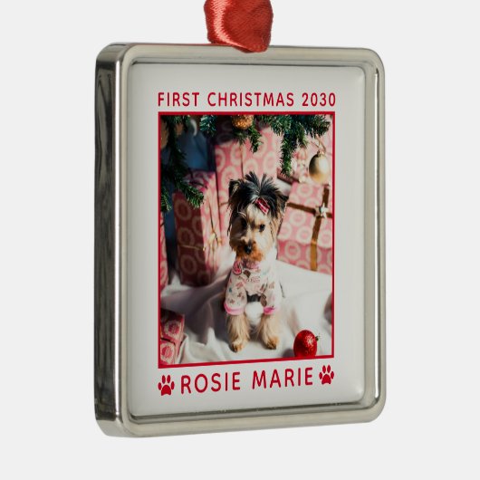かわいい初めてのクリスマスドッグフォトネーム年カスタム メタルオーナメント (右)