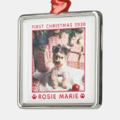 かわいい初めてのクリスマスドッグフォトネーム年カスタム メタルオーナメント (左)
