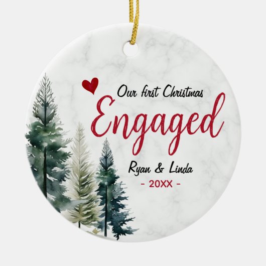 かわいい初めてのクリスマス婚約赤いハート セラミックオーナメント (正面)