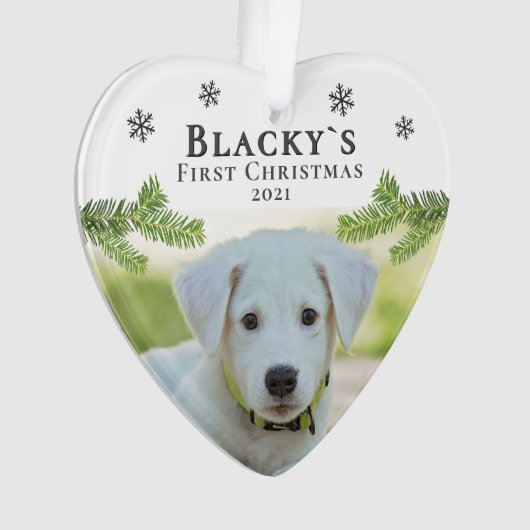 かわいい初めてのクリスマス子犬のクリスマスフォト オーナメント (正面)