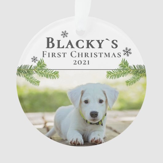かわいい初めてのクリスマス子犬のクリスマスフォト オーナメント (正面)