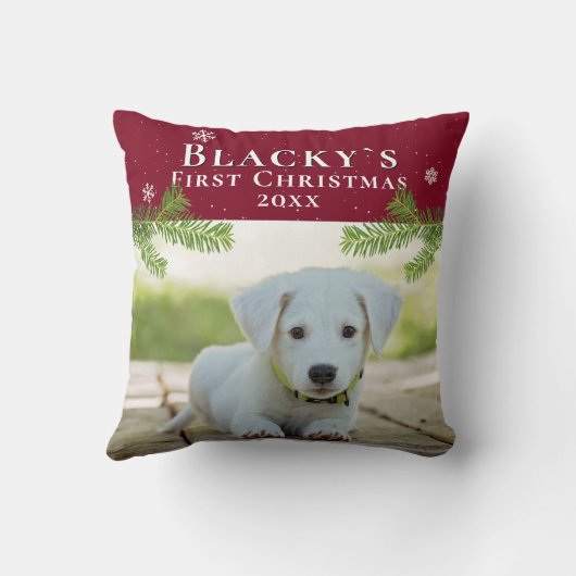かわいい初めてのクリスマス子犬の赤いクリスマスフォト クッション (裏面)
