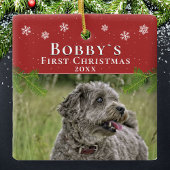 かわいい初めてのクリスマス子犬の赤いクリスマスフォト セラミックオーナメント