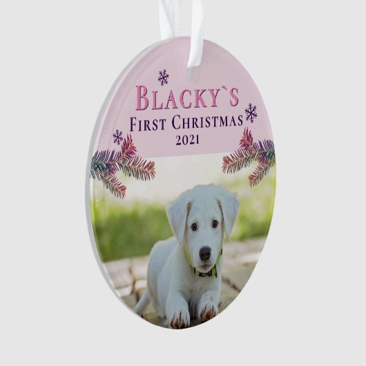 かわいい初めてのクリスマス子犬ピンクのクリスマスフォト オーナメント (正面)