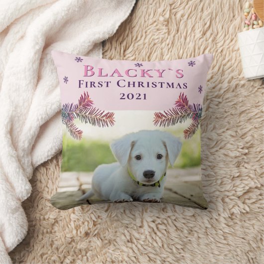 かわいい初めてのクリスマス子犬ピンクのクリスマスフォト クッション (ブランケット)