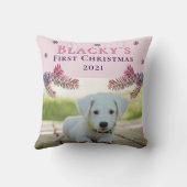 かわいい初めてのクリスマス子犬ピンクのクリスマスフォト クッション (裏面)