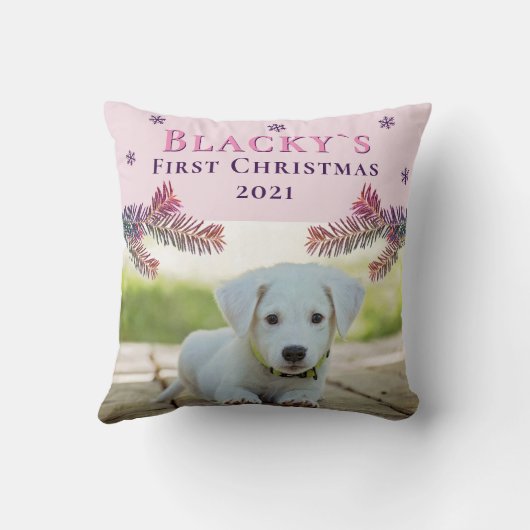 かわいい初めてのクリスマス子犬ピンクのクリスマスフォト クッション (裏面)