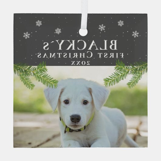 かわいい初めてのクリスマス子犬フォトパイン ガラスオーナメント (裏面)