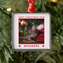 かわいい初めてのクリスマス猫フォトネーム年カスタム メタルオーナメント