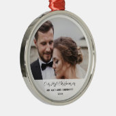 かわいい初めてのクリスマス結婚式の日フォトキープサケ メタルオーナメント (右)