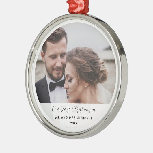 かわいい初めてのクリスマス結婚式の日フォトキープサケ メタルオーナメント (左)