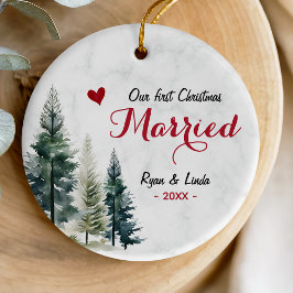 かわいい初めてのクリスマス+結婚+赤いハート セラミックオーナメント