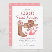 かわいい初めてのロデオカントリー ピンクカウガール 1歳の誕生日 招待状 (正面/裏面)
