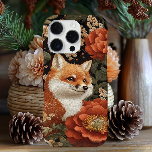 かわいい刺繍のキツネとお花 iPhoneケース