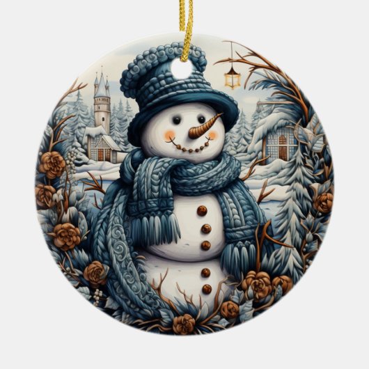 かわいい刺繍の雪だるま クリスマス – ホリデー セラミックオーナメント (正面)