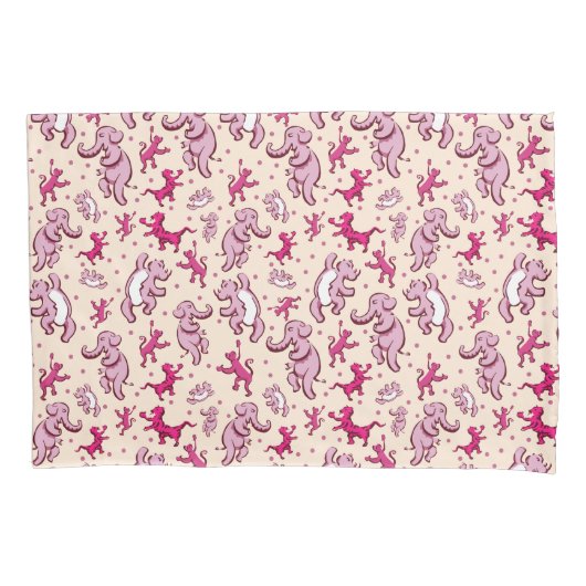 かわいい動物がピンクのパターン名を踊る 枕カバー (正面左)