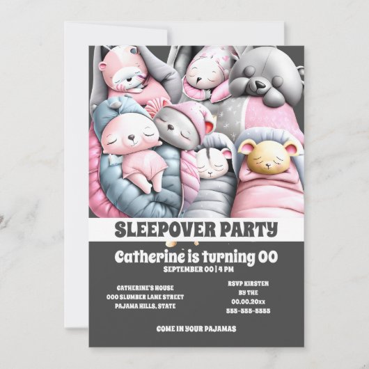 かわいい動物がピンク色の灰色の眠りに眠る 招待状 (正面)