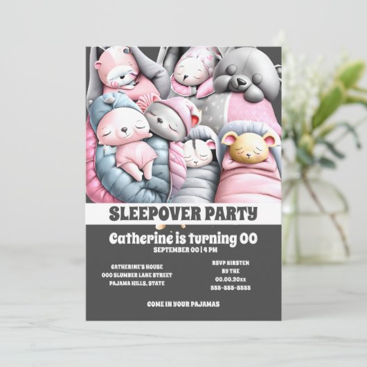 かわいい動物がピンク色の灰色の眠りに眠る 招待状 (スタンド正面)