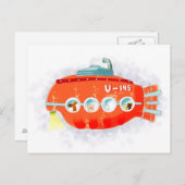 かわいい動物が乗っている赤い潜水艦 ポストカード (正面/裏面)