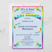 かわいい動物が付いているクールな虹の男の子のベビーシャワー 招待状 (正面)