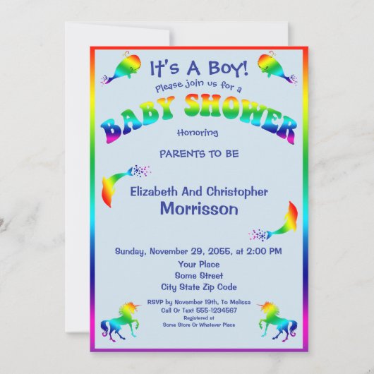 かわいい動物が付いているクールな虹の男の子のベビーシャワー 招待状 (正面)